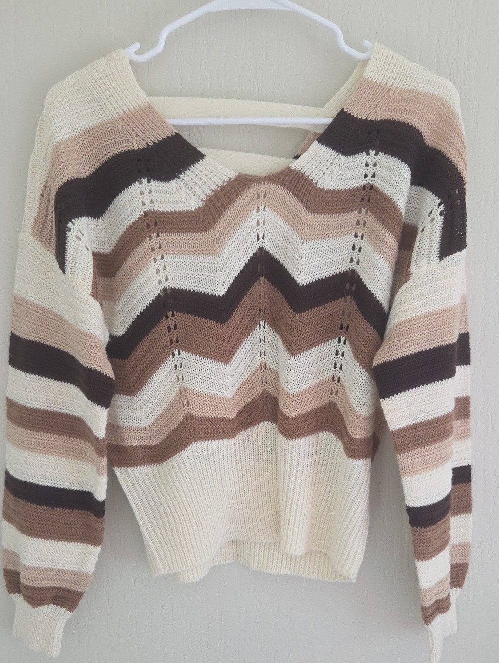 V-Neck Striped Chevron Sweater in Cream & Brown